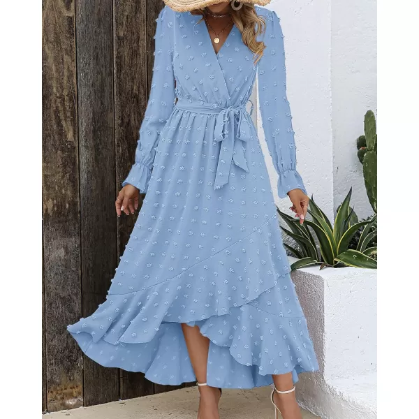 imageBTFBM Womens Boho Cocktail Maxi Dress 2023 Fall Fashion V Neck Swiss Dot Long Sleeve Flowy Slit Wedding Party DressesSwiss Dot Sky Blue