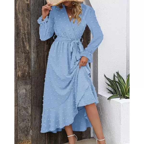 imageBTFBM Womens Boho Cocktail Maxi Dress 2023 Fall Fashion V Neck Swiss Dot Long Sleeve Flowy Slit Wedding Party DressesSwiss Dot Sky Blue