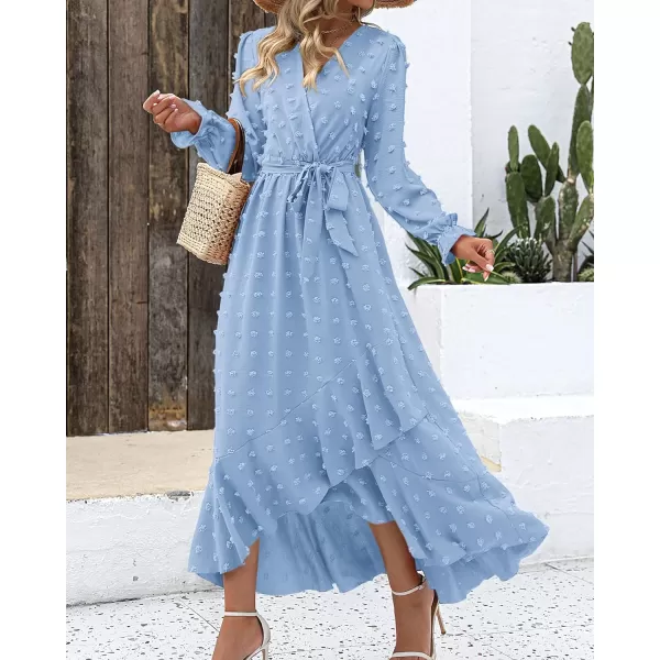 imageBTFBM Womens Boho Cocktail Maxi Dress 2023 Fall Fashion V Neck Swiss Dot Long Sleeve Flowy Slit Wedding Party DressesSwiss Dot Sky Blue