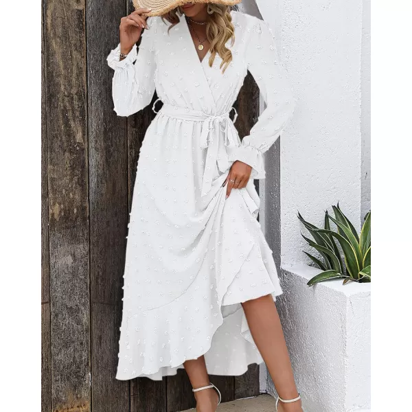 imageBTFBM Womens Boho Cocktail Maxi Dress 2023 Fall Fashion V Neck Swiss Dot Long Sleeve Flowy Slit Wedding Party DressesSwiss Dot White