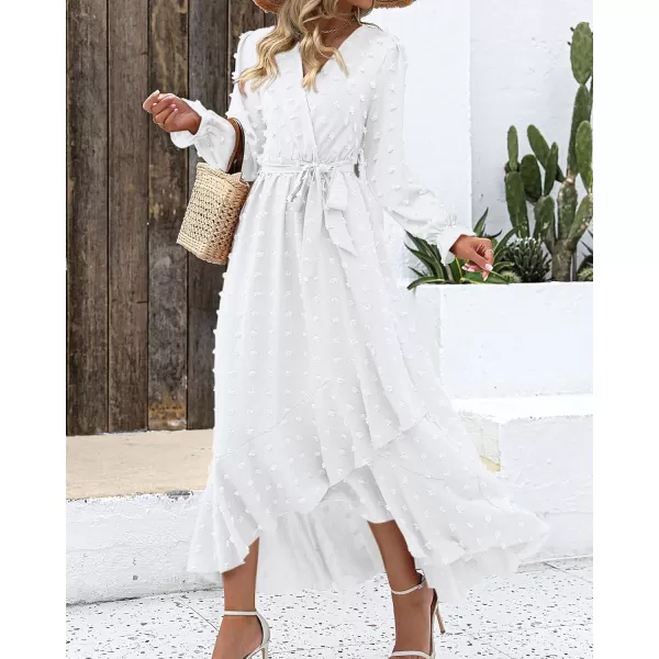 imageBTFBM Womens Boho Cocktail Maxi Dress 2023 Fall Fashion V Neck Swiss Dot Long Sleeve Flowy Slit Wedding Party DressesSwiss Dot White