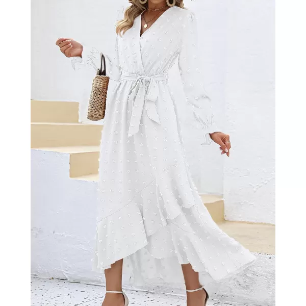 imageBTFBM Womens Boho Cocktail Maxi Dress 2023 Fall Fashion V Neck Swiss Dot Long Sleeve Flowy Slit Wedding Party DressesSwiss Dot White