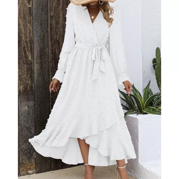 imageBTFBM Womens Boho Cocktail Maxi Dress 2023 Fall Fashion V Neck Swiss Dot Long Sleeve Flowy Slit Wedding Party DressesSwiss Dot White