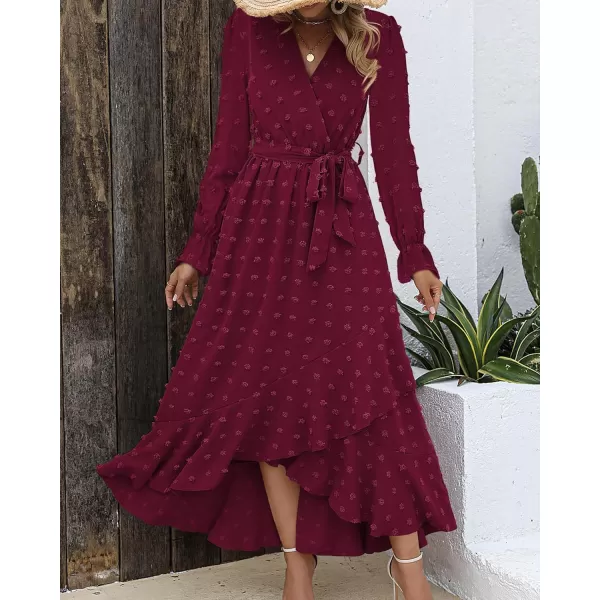 imageBTFBM Womens Boho Cocktail Maxi Dress 2023 Fall Fashion V Neck Swiss Dot Long Sleeve Flowy Slit Wedding Party DressesSwiss Dot Wine Red