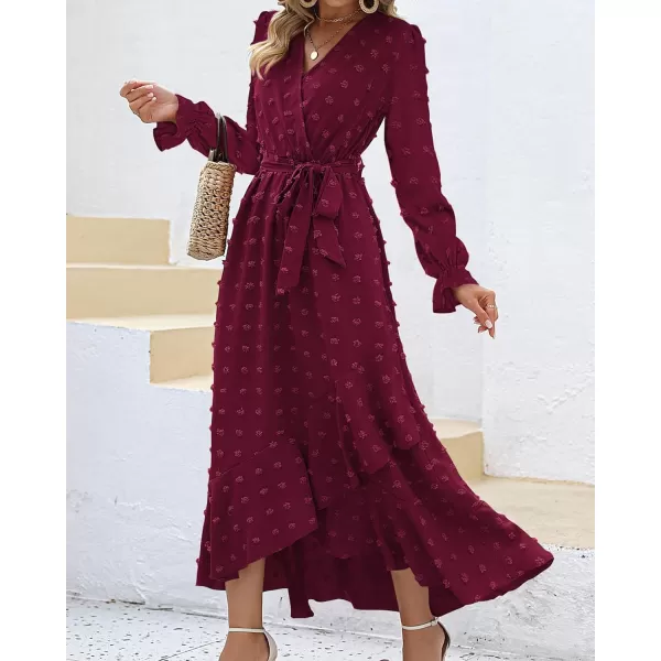 imageBTFBM Womens Boho Cocktail Maxi Dress 2023 Fall Fashion V Neck Swiss Dot Long Sleeve Flowy Slit Wedding Party DressesSwiss Dot Wine Red