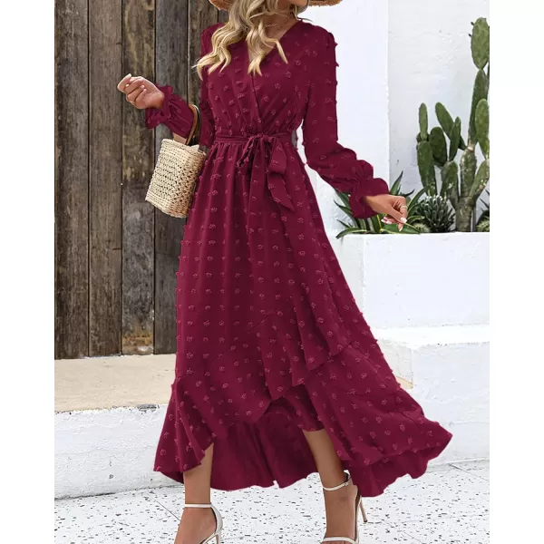 imageBTFBM Womens Boho Cocktail Maxi Dress 2023 Fall Fashion V Neck Swiss Dot Long Sleeve Flowy Slit Wedding Party DressesSwiss Dot Wine Red