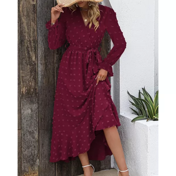 imageBTFBM Womens Boho Cocktail Maxi Dress 2023 Fall Fashion V Neck Swiss Dot Long Sleeve Flowy Slit Wedding Party DressesSwiss Dot Wine Red