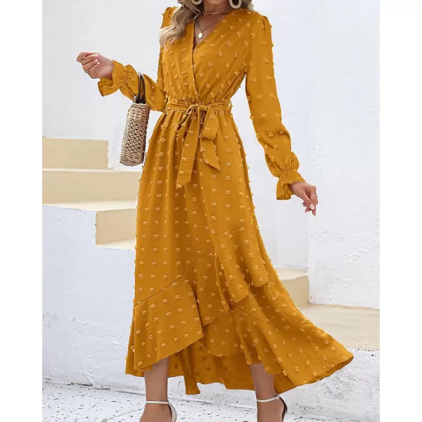 imageBTFBM Womens Boho Cocktail Maxi Dress 2023 Fall Fashion V Neck Swiss Dot Long Sleeve Flowy Slit Wedding Party DressesSwiss Dot Yellow