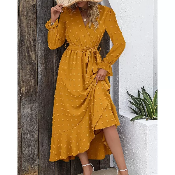 imageBTFBM Womens Boho Cocktail Maxi Dress 2023 Fall Fashion V Neck Swiss Dot Long Sleeve Flowy Slit Wedding Party DressesSwiss Dot Yellow