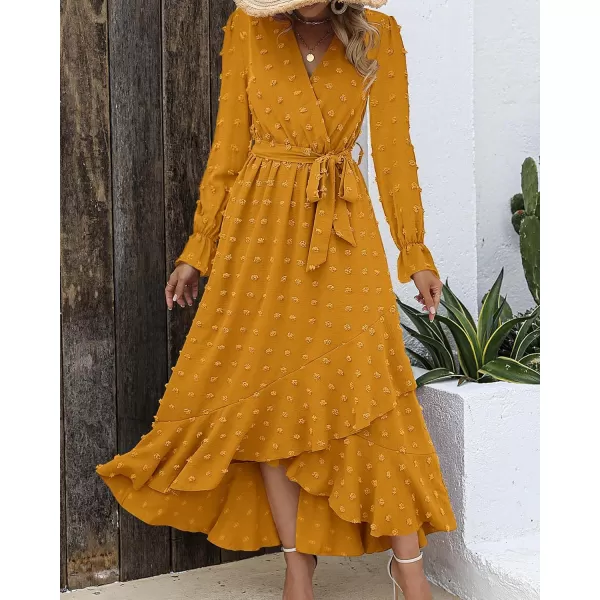 imageBTFBM Womens Boho Cocktail Maxi Dress 2023 Fall Fashion V Neck Swiss Dot Long Sleeve Flowy Slit Wedding Party DressesSwiss Dot Yellow