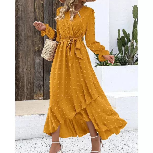 imageBTFBM Womens Boho Cocktail Maxi Dress 2023 Fall Fashion V Neck Swiss Dot Long Sleeve Flowy Slit Wedding Party DressesSwiss Dot Yellow