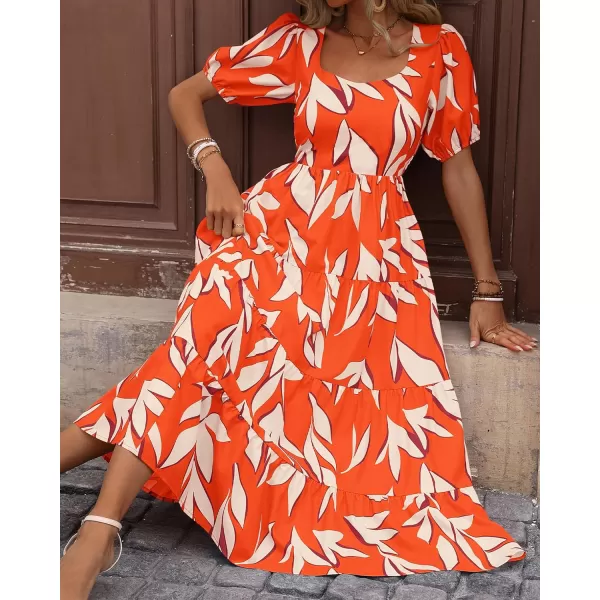 imageBTFBM Womens Boho Summer Dresses Short Sleeve Floral Print Smocked Tie Back Tiered ALine Flowy Cruise Vacation DressFloral Beige Orange