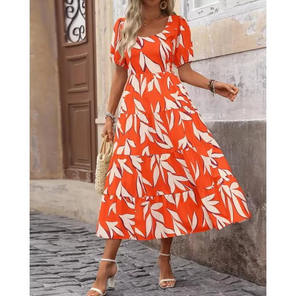 imageBTFBM Womens Boho Summer Dresses Short Sleeve Floral Print Smocked Tie Back Tiered ALine Flowy Cruise Vacation DressFloral Beige Orange