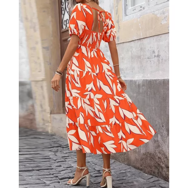 imageBTFBM Womens Boho Summer Dresses Short Sleeve Floral Print Smocked Tie Back Tiered ALine Flowy Cruise Vacation DressFloral Beige Orange