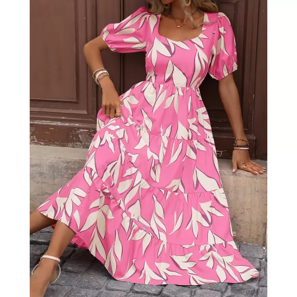 imageBTFBM Womens Boho Summer Dresses Short Sleeve Floral Print Smocked Tie Back Tiered ALine Flowy Cruise Vacation DressFloral Beige Pink