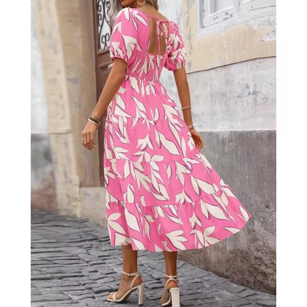 imageBTFBM Womens Boho Summer Dresses Short Sleeve Floral Print Smocked Tie Back Tiered ALine Flowy Cruise Vacation DressFloral Beige Pink