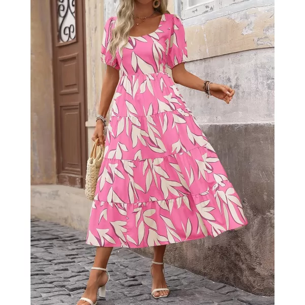 imageBTFBM Womens Boho Summer Dresses Short Sleeve Floral Print Smocked Tie Back Tiered ALine Flowy Cruise Vacation DressFloral Beige Pink