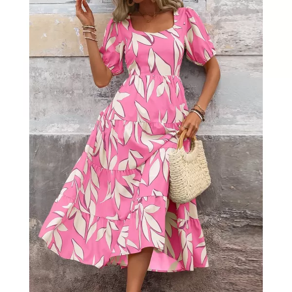 imageBTFBM Womens Boho Summer Dresses Short Sleeve Floral Print Smocked Tie Back Tiered ALine Flowy Cruise Vacation DressFloral Beige Pink