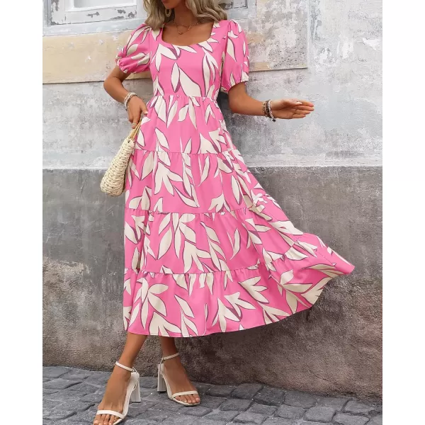 imageBTFBM Womens Boho Summer Dresses Short Sleeve Floral Print Smocked Tie Back Tiered ALine Flowy Cruise Vacation DressFloral Beige Pink