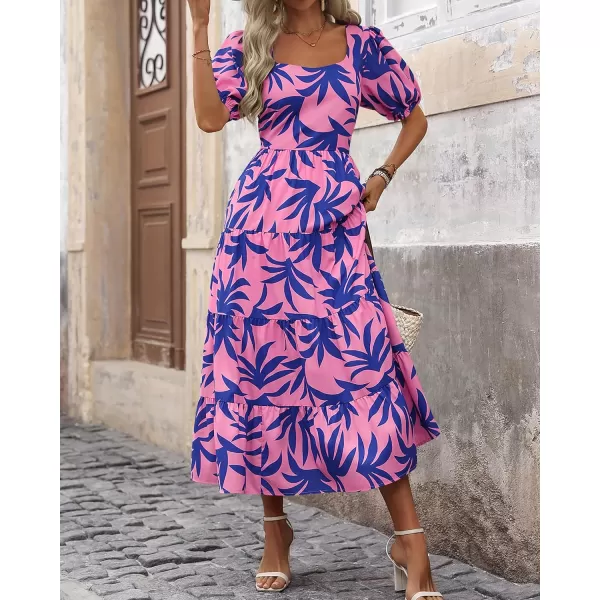 imageBTFBM Womens Boho Summer Dresses Short Sleeve Floral Print Smocked Tie Back Tiered ALine Flowy Cruise Vacation DressFloral Blue Pink
