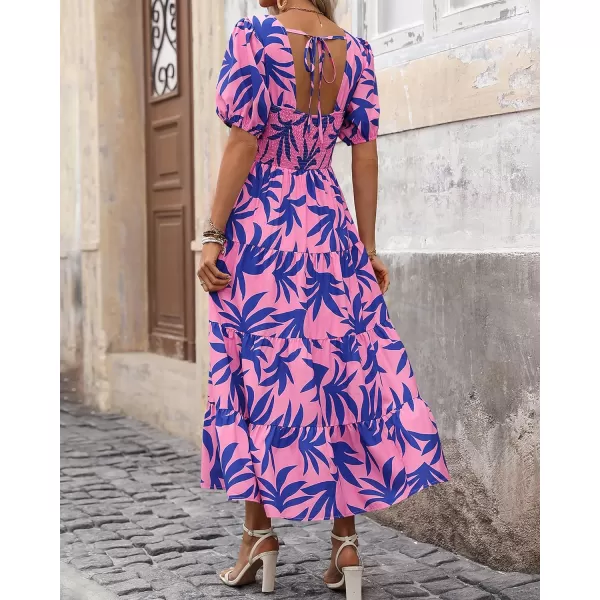 imageBTFBM Womens Boho Summer Dresses Short Sleeve Floral Print Smocked Tie Back Tiered ALine Flowy Cruise Vacation DressFloral Blue Pink