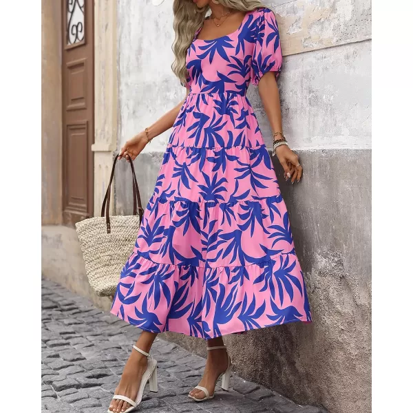 imageBTFBM Womens Boho Summer Dresses Short Sleeve Floral Print Smocked Tie Back Tiered ALine Flowy Cruise Vacation DressFloral Blue Pink