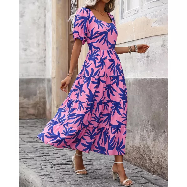 imageBTFBM Womens Boho Summer Dresses Short Sleeve Floral Print Smocked Tie Back Tiered ALine Flowy Cruise Vacation DressFloral Blue Pink