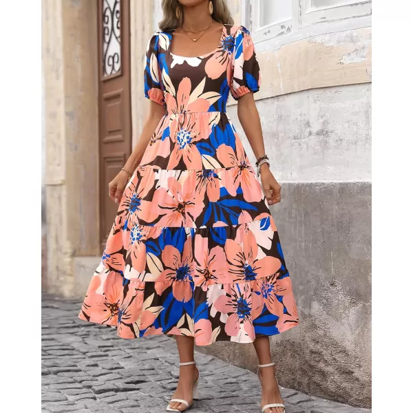 imageBTFBM Womens Boho Summer Dresses Short Sleeve Floral Print Smocked Tie Back Tiered ALine Flowy Cruise Vacation DressFloral Pink Coffee