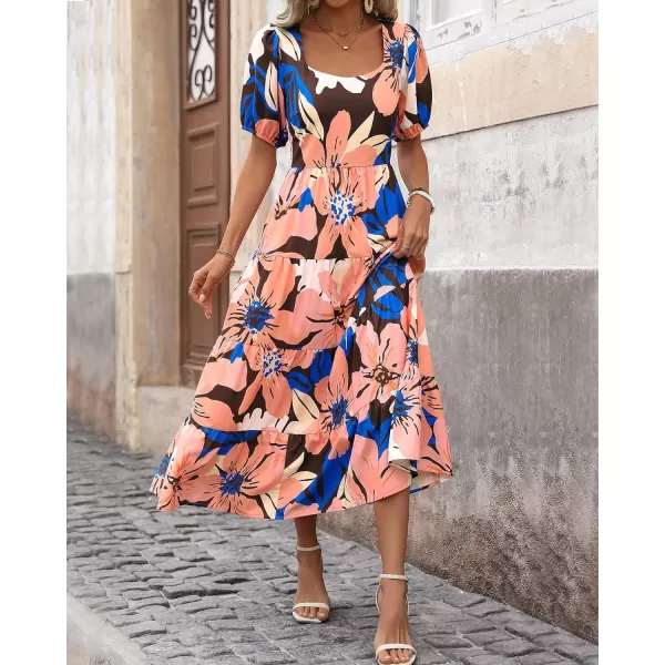 imageBTFBM Womens Boho Summer Dresses Short Sleeve Floral Print Smocked Tie Back Tiered ALine Flowy Cruise Vacation DressFloral Pink Coffee