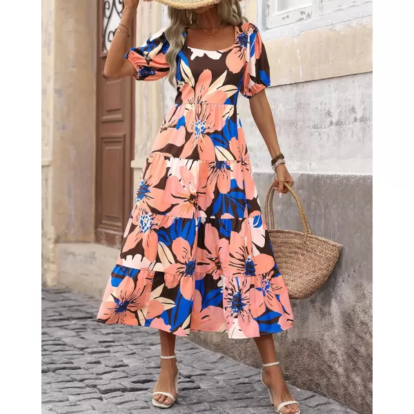 imageBTFBM Womens Boho Summer Dresses Short Sleeve Floral Print Smocked Tie Back Tiered ALine Flowy Cruise Vacation DressFloral Pink Coffee