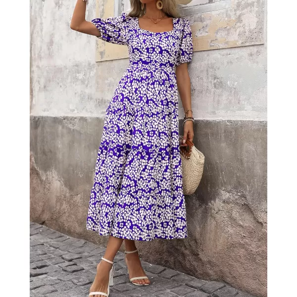imageBTFBM Womens Boho Summer Dresses Short Sleeve Floral Print Smocked Tie Back Tiered ALine Flowy Cruise Vacation DressFloral White Purple