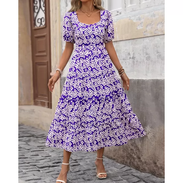 imageBTFBM Womens Boho Summer Dresses Short Sleeve Floral Print Smocked Tie Back Tiered ALine Flowy Cruise Vacation DressFloral White Purple