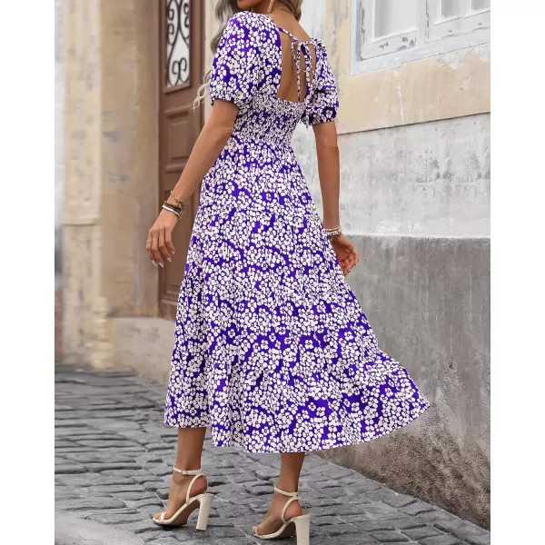 imageBTFBM Womens Boho Summer Dresses Short Sleeve Floral Print Smocked Tie Back Tiered ALine Flowy Cruise Vacation DressFloral White Purple