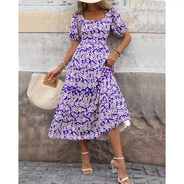 imageBTFBM Womens Boho Summer Dresses Short Sleeve Floral Print Smocked Tie Back Tiered ALine Flowy Cruise Vacation DressFloral White Purple