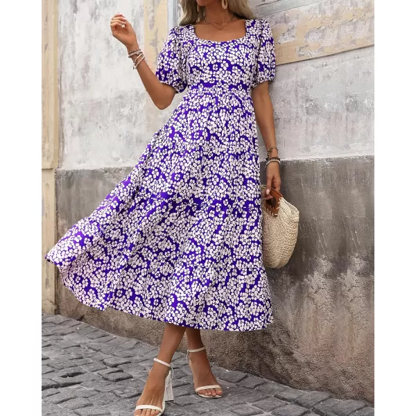 imageBTFBM Womens Boho Summer Dresses Short Sleeve Floral Print Smocked Tie Back Tiered ALine Flowy Cruise Vacation DressFloral White Purple