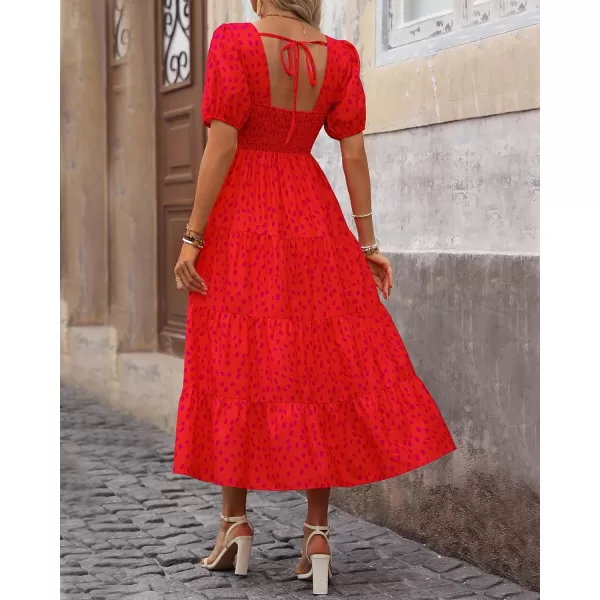 imageBTFBM Womens Boho Summer Dresses Short Sleeve Floral Print Smocked Tie Back Tiered ALine Flowy Cruise Vacation DressLeopard Red