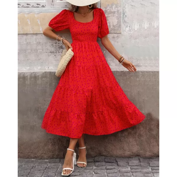 imageBTFBM Womens Boho Summer Dresses Short Sleeve Floral Print Smocked Tie Back Tiered ALine Flowy Cruise Vacation DressLeopard Red