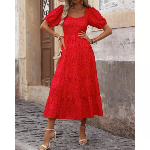 imageBTFBM Womens Boho Summer Dresses Short Sleeve Floral Print Smocked Tie Back Tiered ALine Flowy Cruise Vacation DressLeopard Red