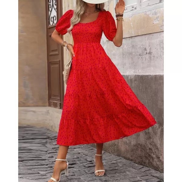 imageBTFBM Womens Boho Summer Dresses Short Sleeve Floral Print Smocked Tie Back Tiered ALine Flowy Cruise Vacation DressLeopard Red