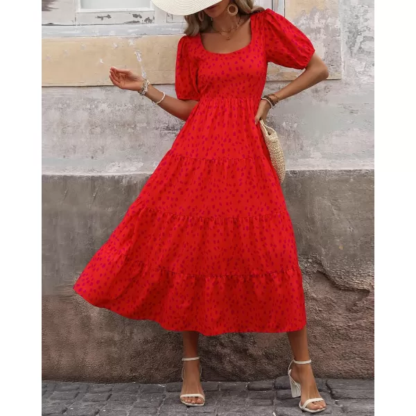 imageBTFBM Womens Boho Summer Dresses Short Sleeve Floral Print Smocked Tie Back Tiered ALine Flowy Cruise Vacation DressLeopard Red