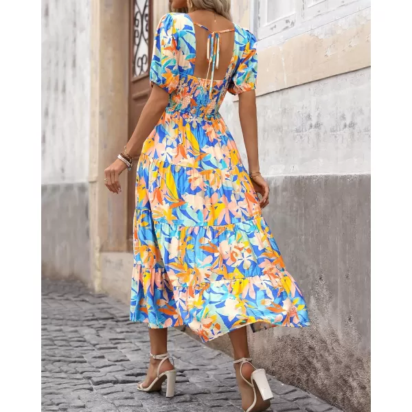 imageBTFBM Womens Boho Summer Dresses Short Sleeve Floral Print Smocked Tie Back Tiered ALine Flowy Cruise Vacation DressMulticolored Blue