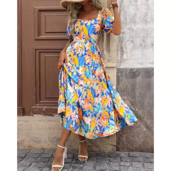 imageBTFBM Womens Boho Summer Dresses Short Sleeve Floral Print Smocked Tie Back Tiered ALine Flowy Cruise Vacation DressMulticolored Blue
