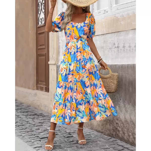 imageBTFBM Womens Boho Summer Dresses Short Sleeve Floral Print Smocked Tie Back Tiered ALine Flowy Cruise Vacation DressMulticolored Blue