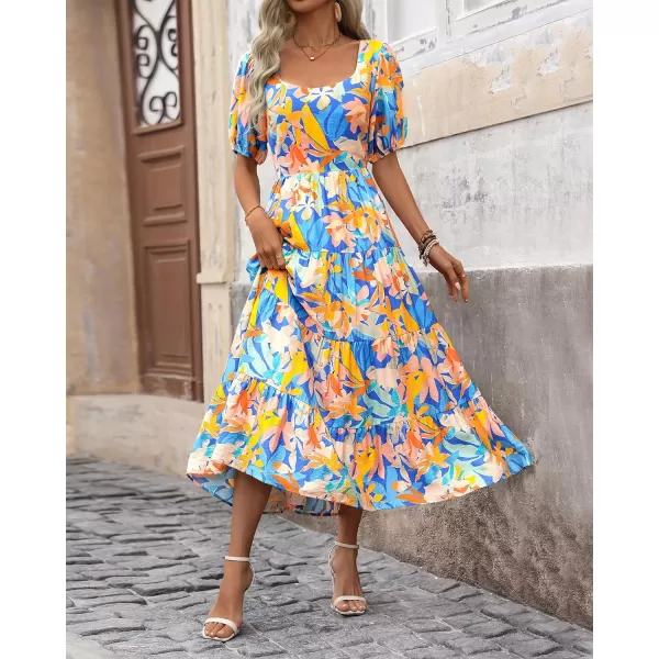 imageBTFBM Womens Boho Summer Dresses Short Sleeve Floral Print Smocked Tie Back Tiered ALine Flowy Cruise Vacation DressMulticolored Blue