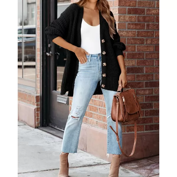 imageBTFBM Womens Button Down Cardigan Coat Long Sleeve Fall Winter Clothes Loose Chunky Knit Open Front Sweater OuterwearSolid Black