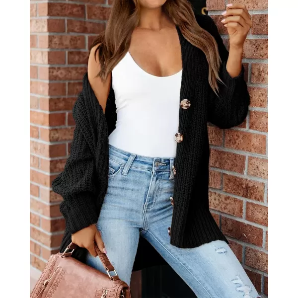 imageBTFBM Womens Button Down Cardigan Coat Long Sleeve Fall Winter Clothes Loose Chunky Knit Open Front Sweater OuterwearSolid Black