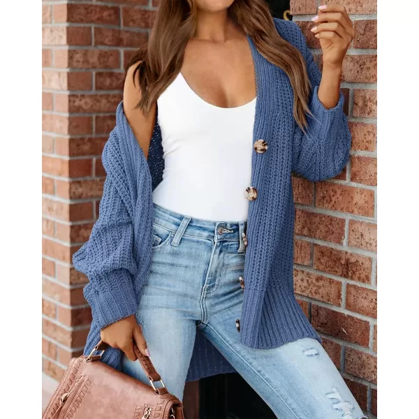 imageBTFBM Womens Button Down Cardigan Coat Long Sleeve Fall Winter Clothes Loose Chunky Knit Open Front Sweater OuterwearSolid Blue