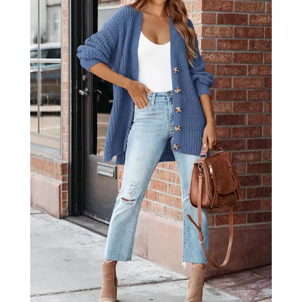 imageBTFBM Womens Button Down Cardigan Coat Long Sleeve Fall Winter Clothes Loose Chunky Knit Open Front Sweater OuterwearSolid Blue