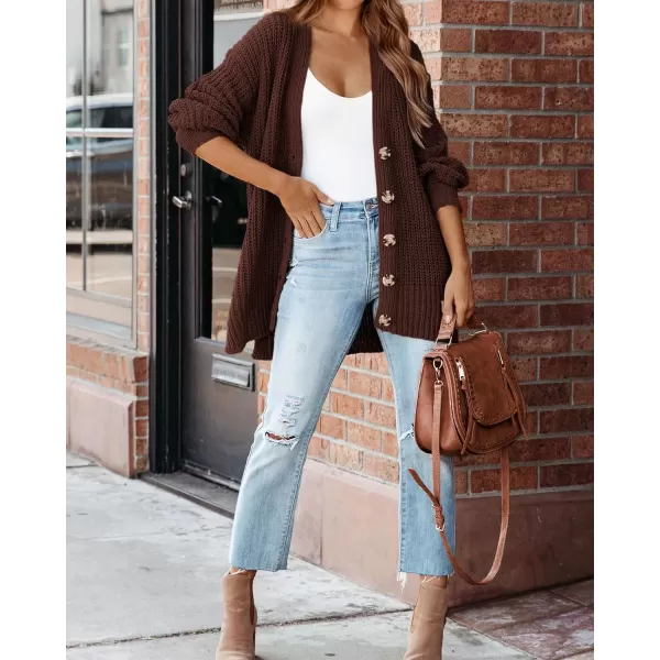 imageBTFBM Womens Button Down Cardigan Coat Long Sleeve Fall Winter Clothes Loose Chunky Knit Open Front Sweater OuterwearSolid Coffee