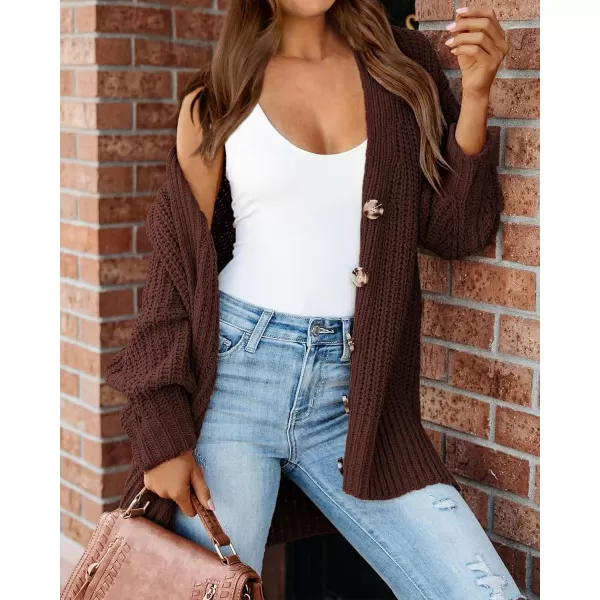 imageBTFBM Womens Button Down Cardigan Coat Long Sleeve Fall Winter Clothes Loose Chunky Knit Open Front Sweater OuterwearSolid Coffee
